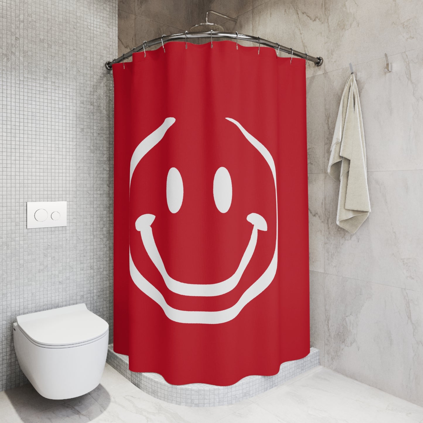 red with white smiley face Shower Curtains
