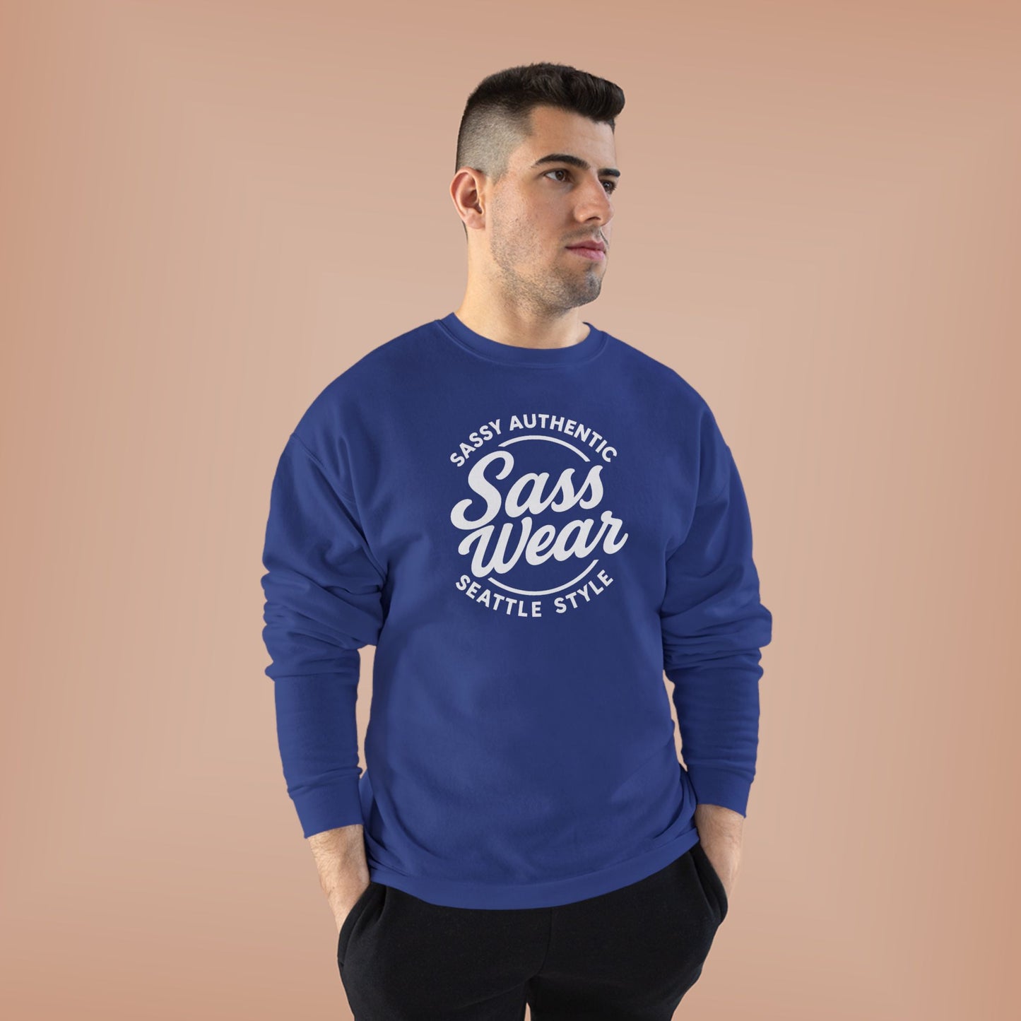 Sass Wear Unisex Eco-Friendly Crewneck Sweatshirt white logo