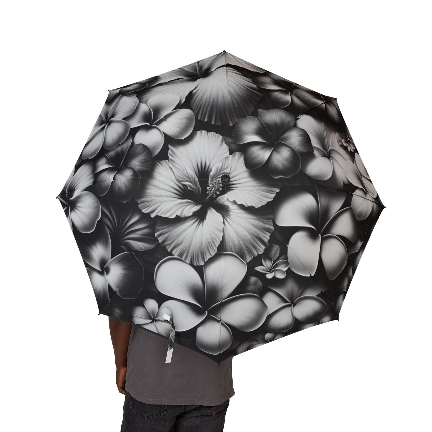 black and white Hawaiian flowers Umbrella - Semi-Automatic Foldable Design