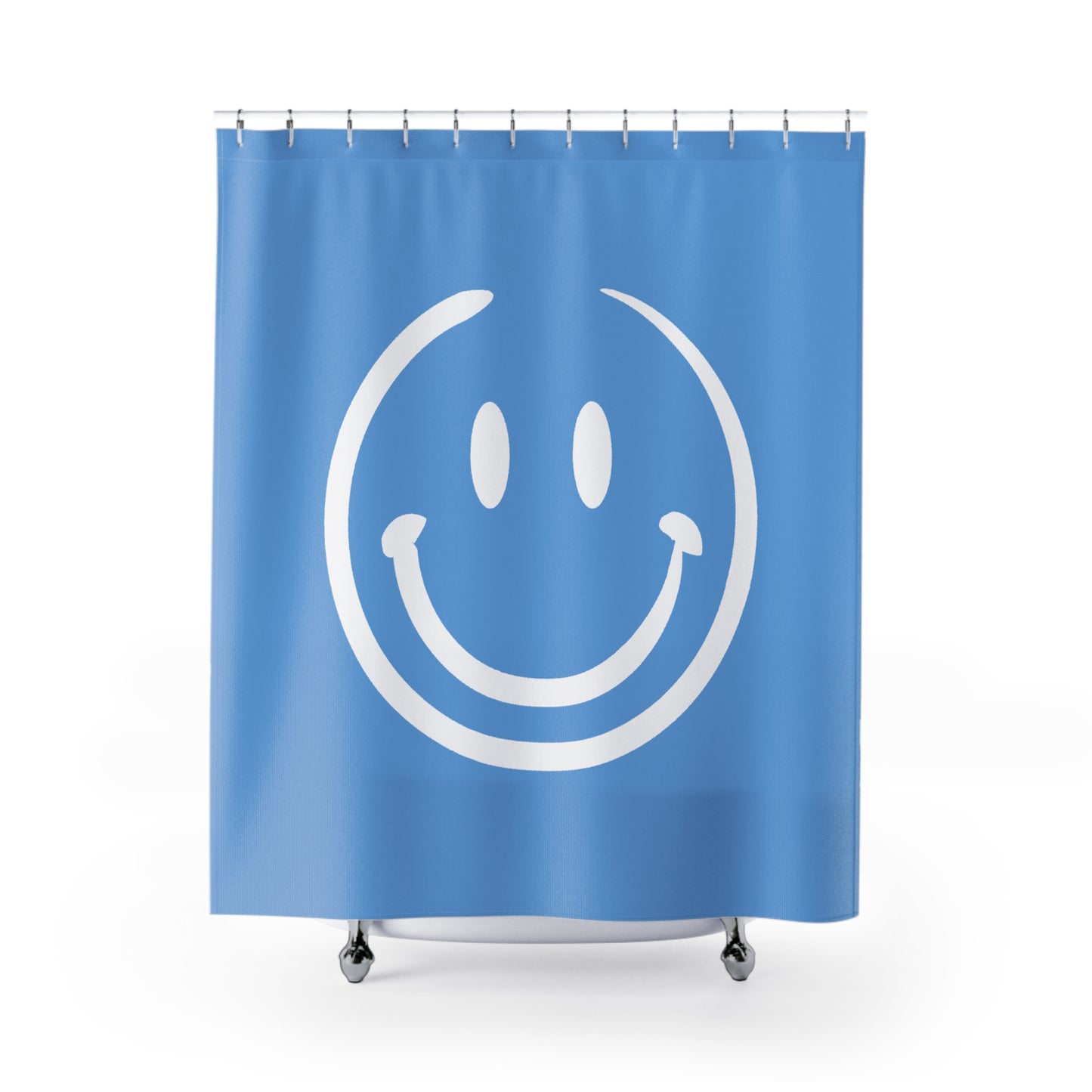 light blue with white smiley face Shower Curtains