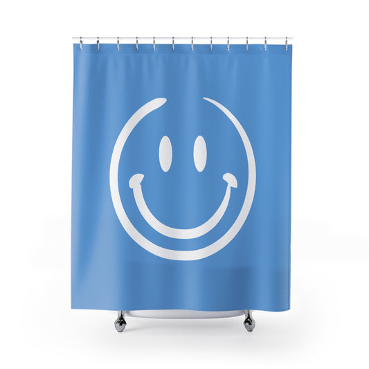 light blue with white smiley face Shower Curtains