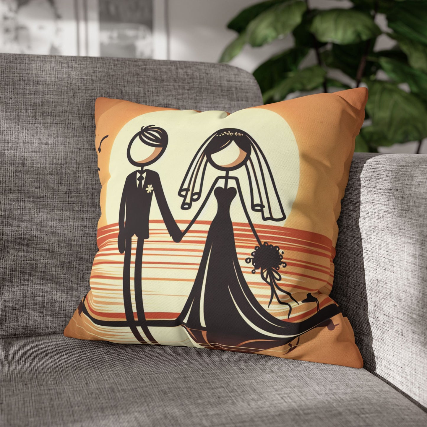 retro bride and groom on the beach Pillow cover