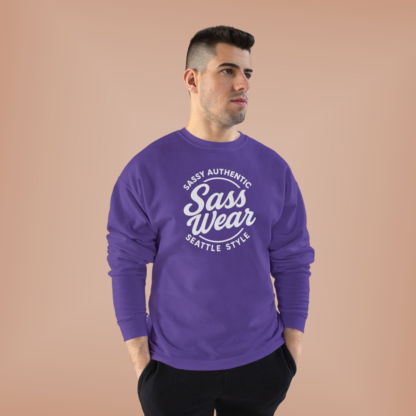 Sass Wear Unisex Eco-Friendly Crewneck Sweatshirt white logo