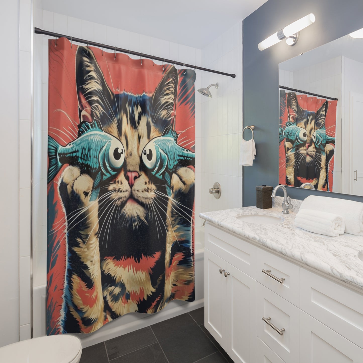Cat with fish glasses Shower Curtains