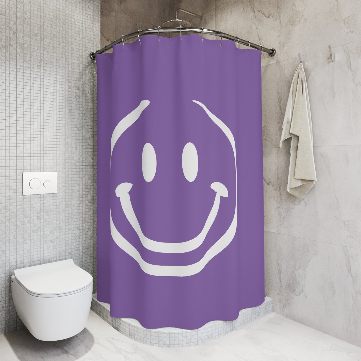 purple with white smiley face Shower Curtains