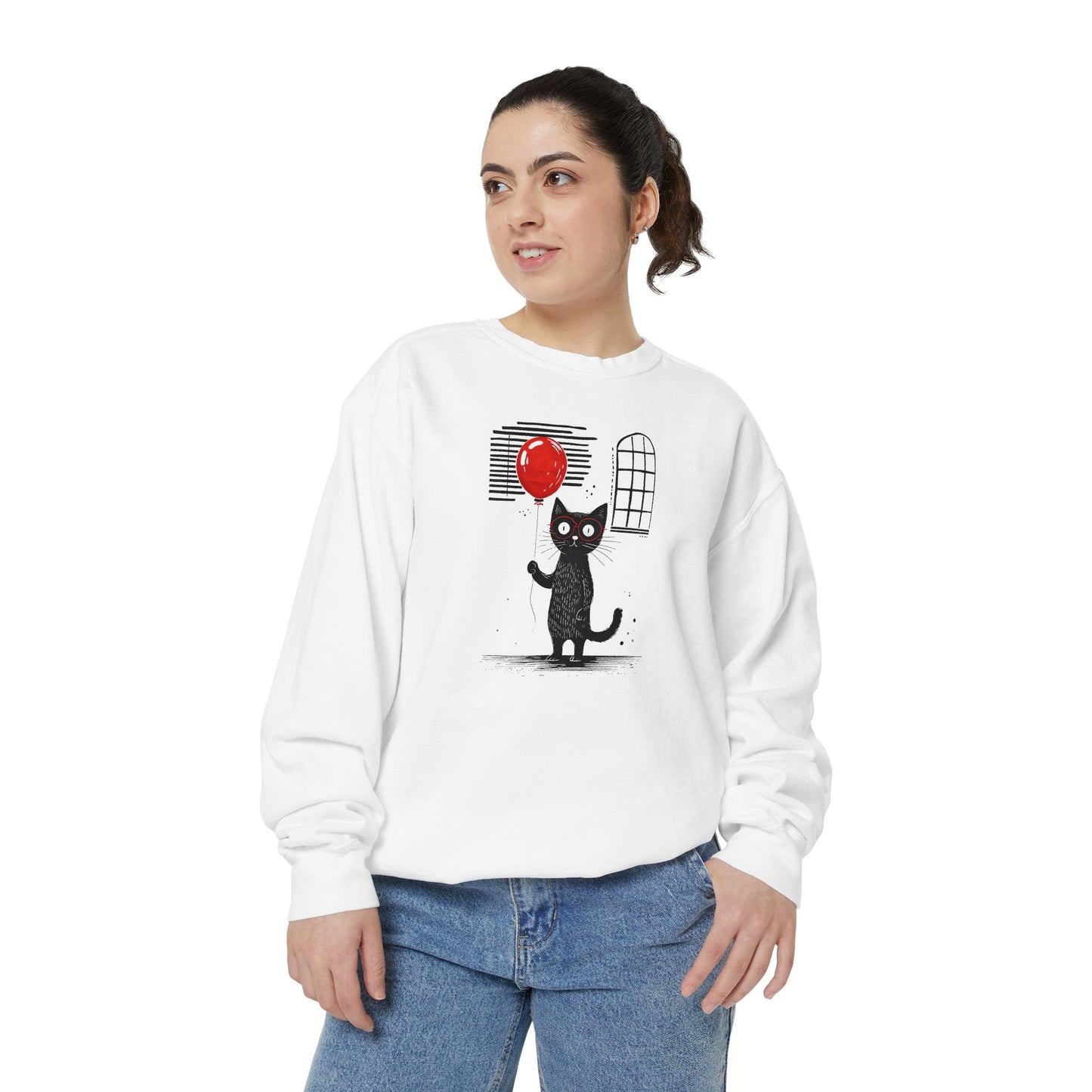 cat with red balloon Unisex Garment-Dyed Sweatshirt