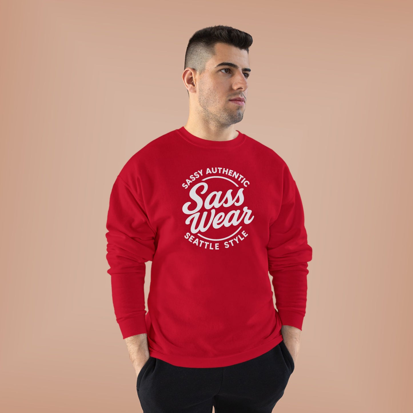 Sass Wear Unisex Eco-Friendly Crewneck Sweatshirt white logo