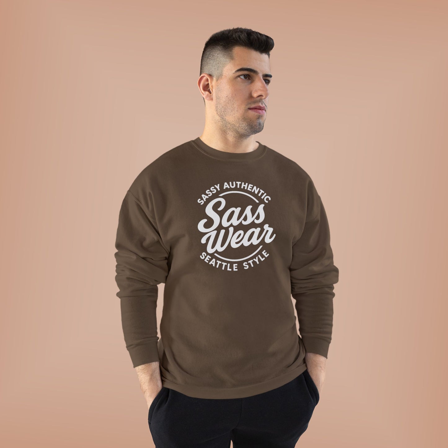 Sass Wear Unisex Eco-Friendly Crewneck Sweatshirt white logo