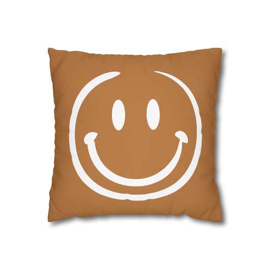 white on brown smiley face Canvas Pillow cover