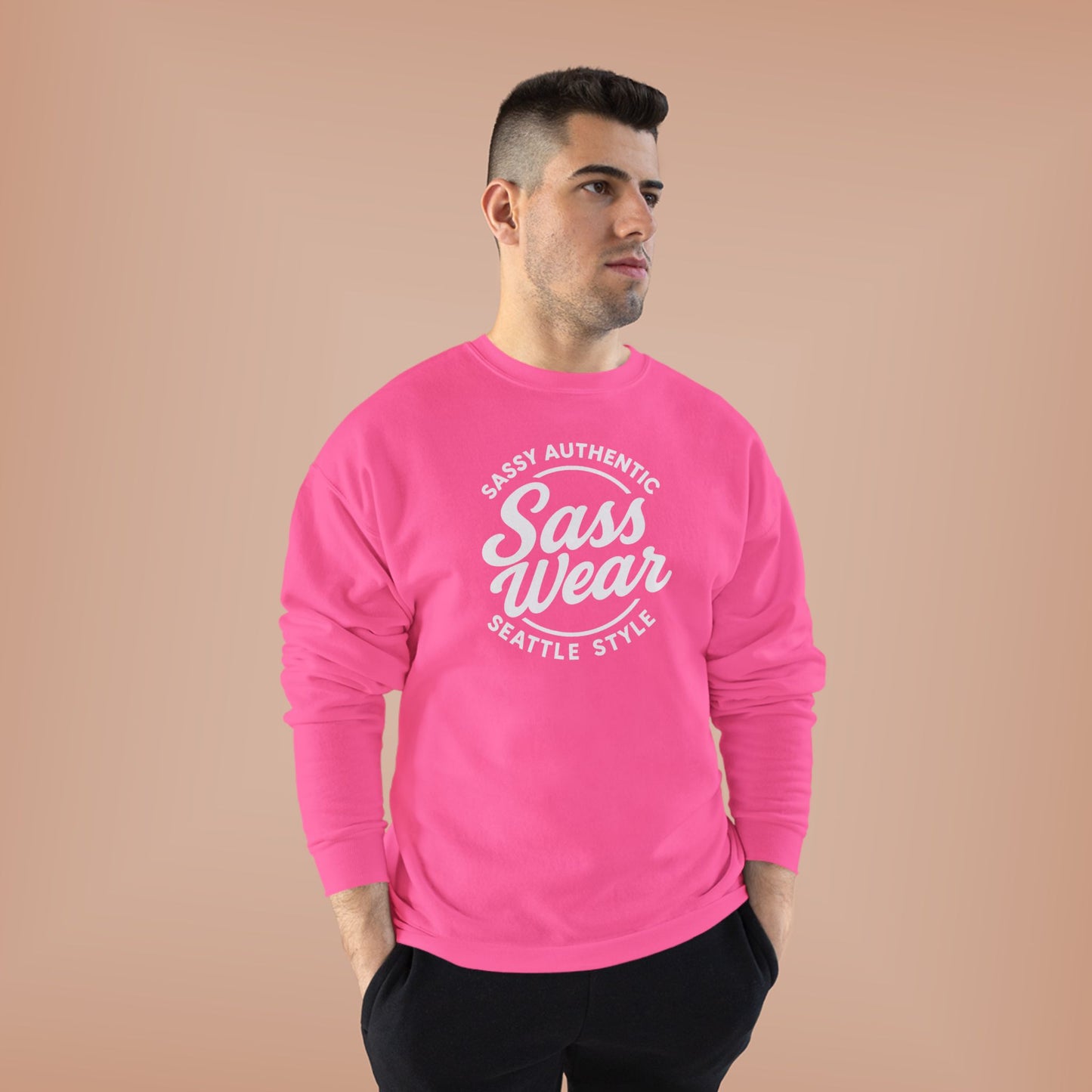 Sass Wear Unisex Eco-Friendly Crewneck Sweatshirt white logo