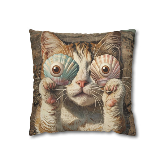 Cat with seashell glasses Square Poly Canvas Pillow cover