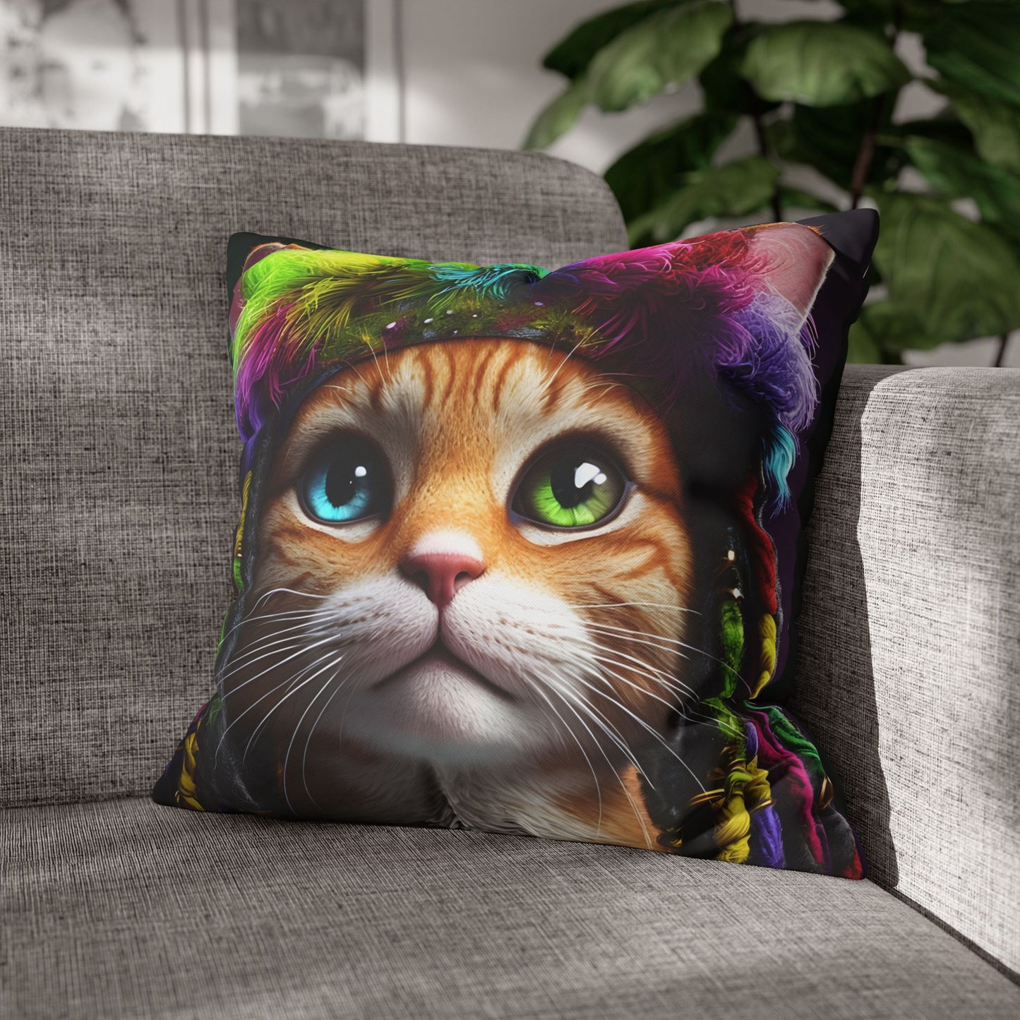 hippie cat Square Poly Canvas Pillow cover
