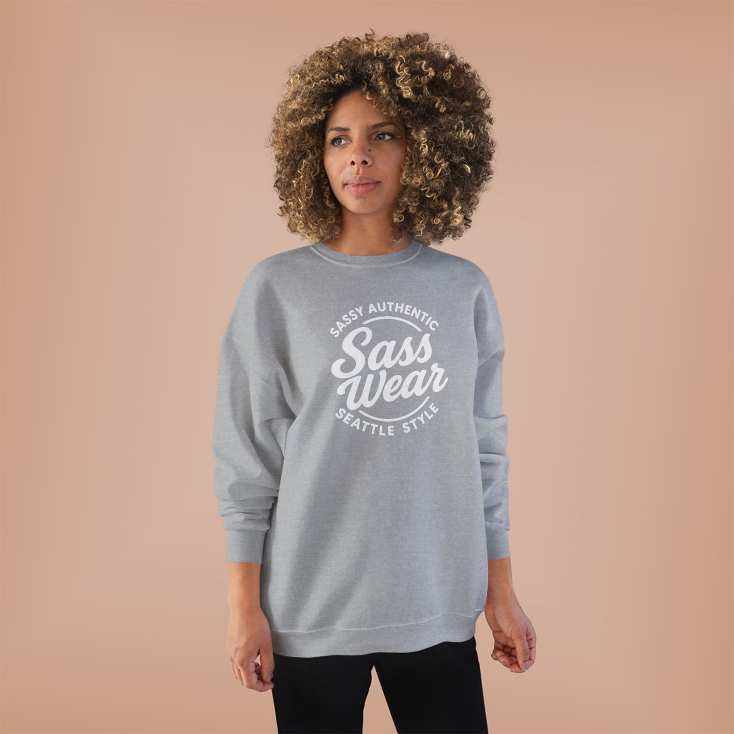 Sass Wear Unisex Eco-Friendly Crewneck Sweatshirt white logo