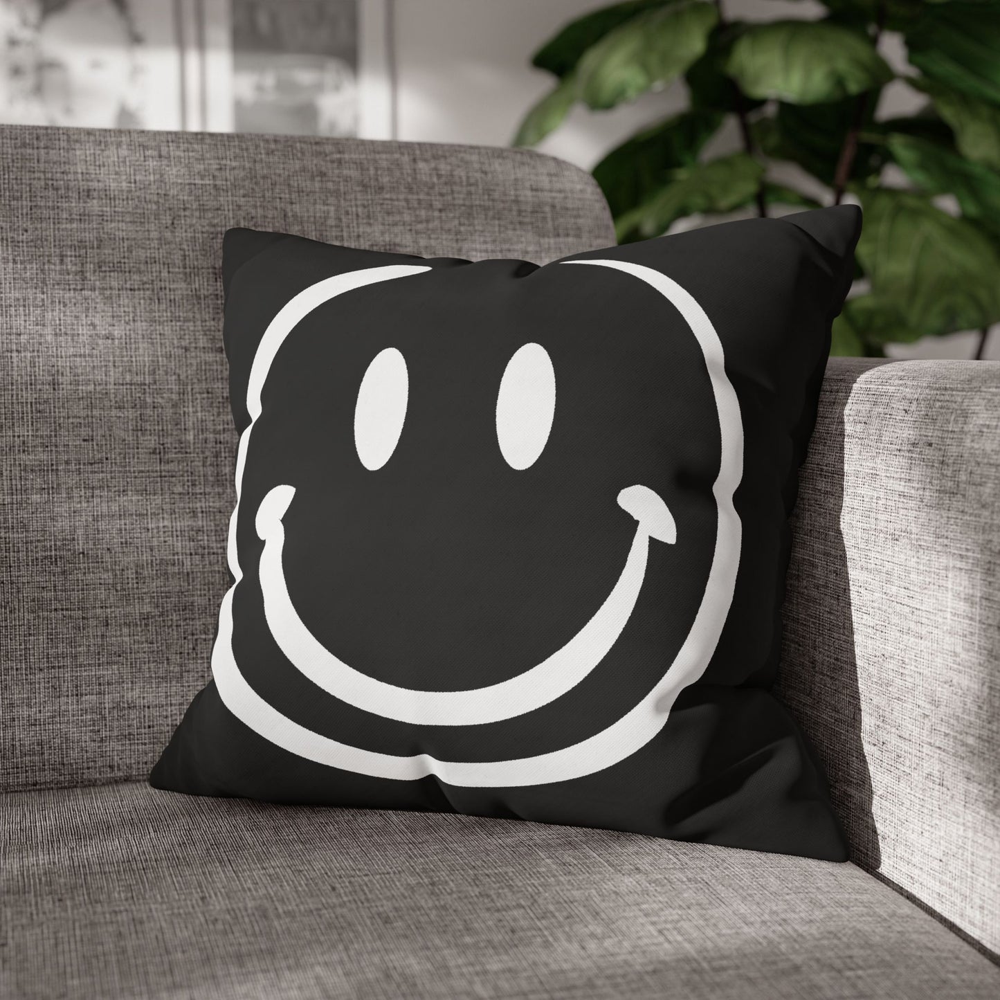 white on black smiley face Canvas Pillow cover