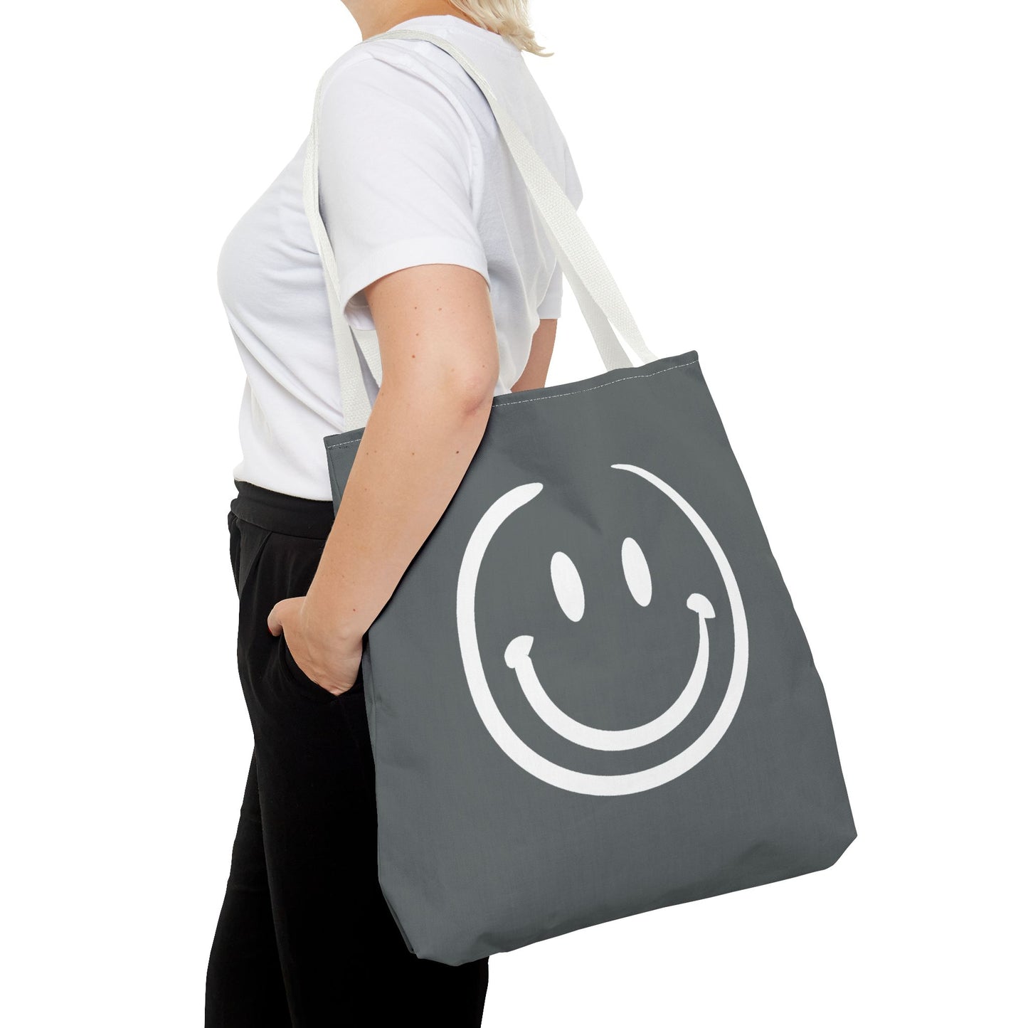 Charcoal gray with white smiley face Tote Bag