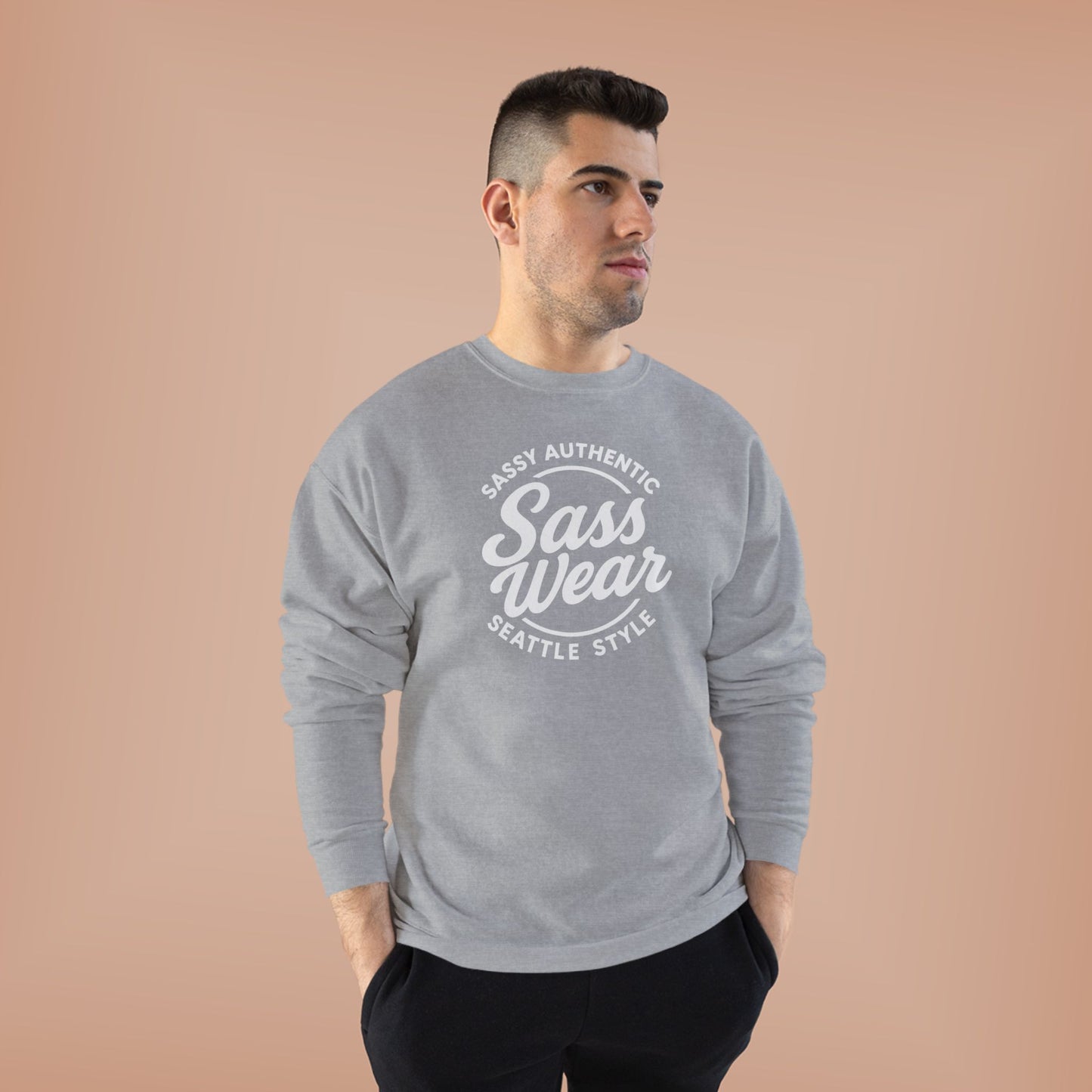 Sass Wear Unisex Eco-Friendly Crewneck Sweatshirt white logo