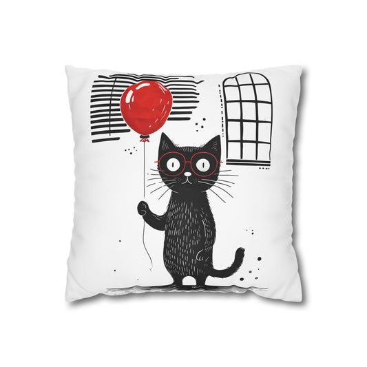Cat with red balloon Square Poly Canvas Pillow cover