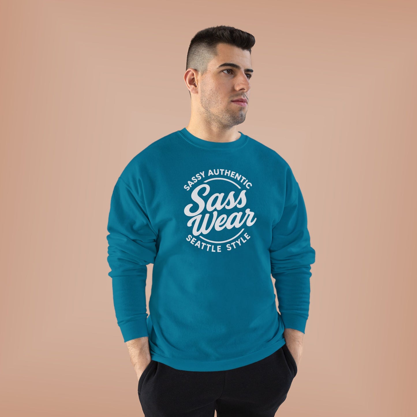 Sass Wear Unisex Eco-Friendly Crewneck Sweatshirt white logo