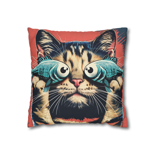 pop art Cat with fish glasses Square Poly Canvas Pillow cover