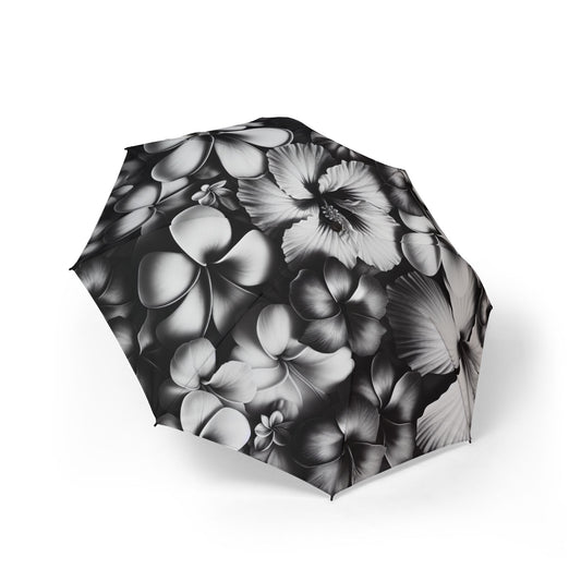 black and white Hawaiian flowers Umbrella - Semi-Automatic Foldable Design