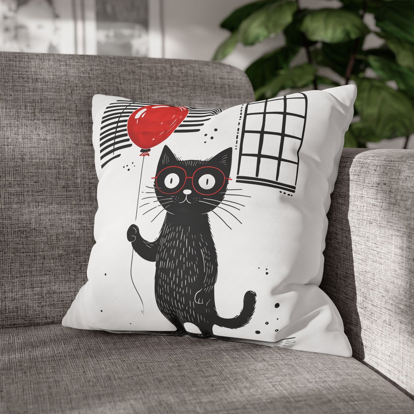 Cat with red balloon Square Poly Canvas Pillow cover