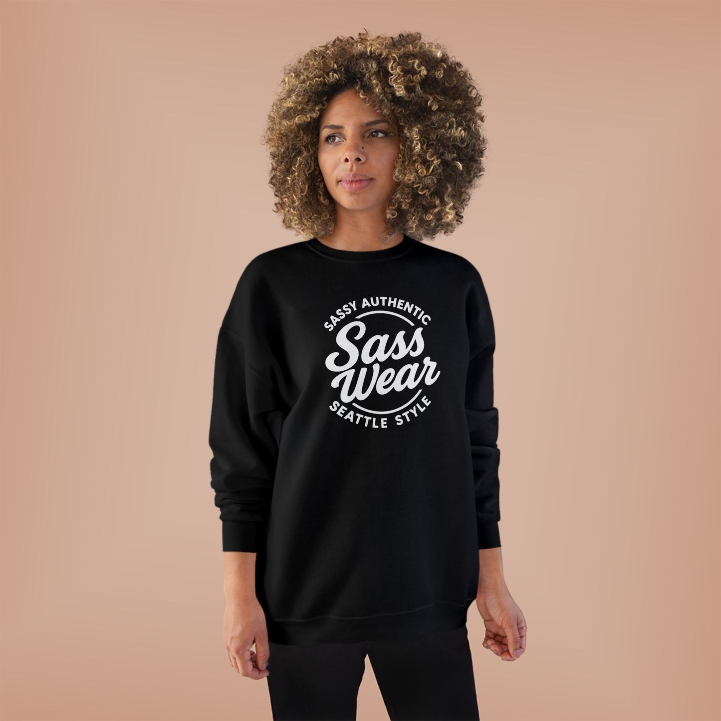 Sass Wear Unisex Eco-Friendly Crewneck Sweatshirt white logo