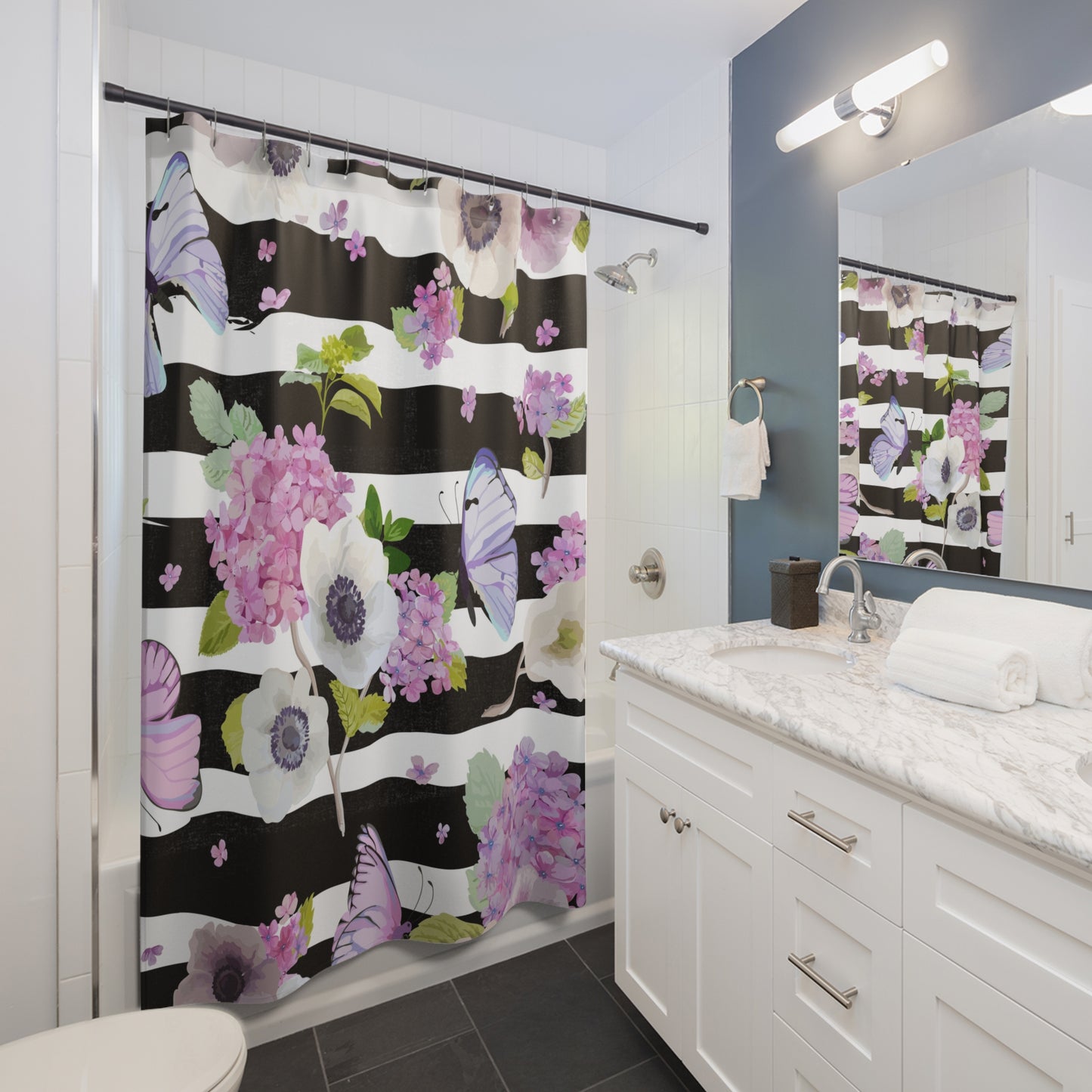 Fun Hydrangea and butterfly Shower Curtains