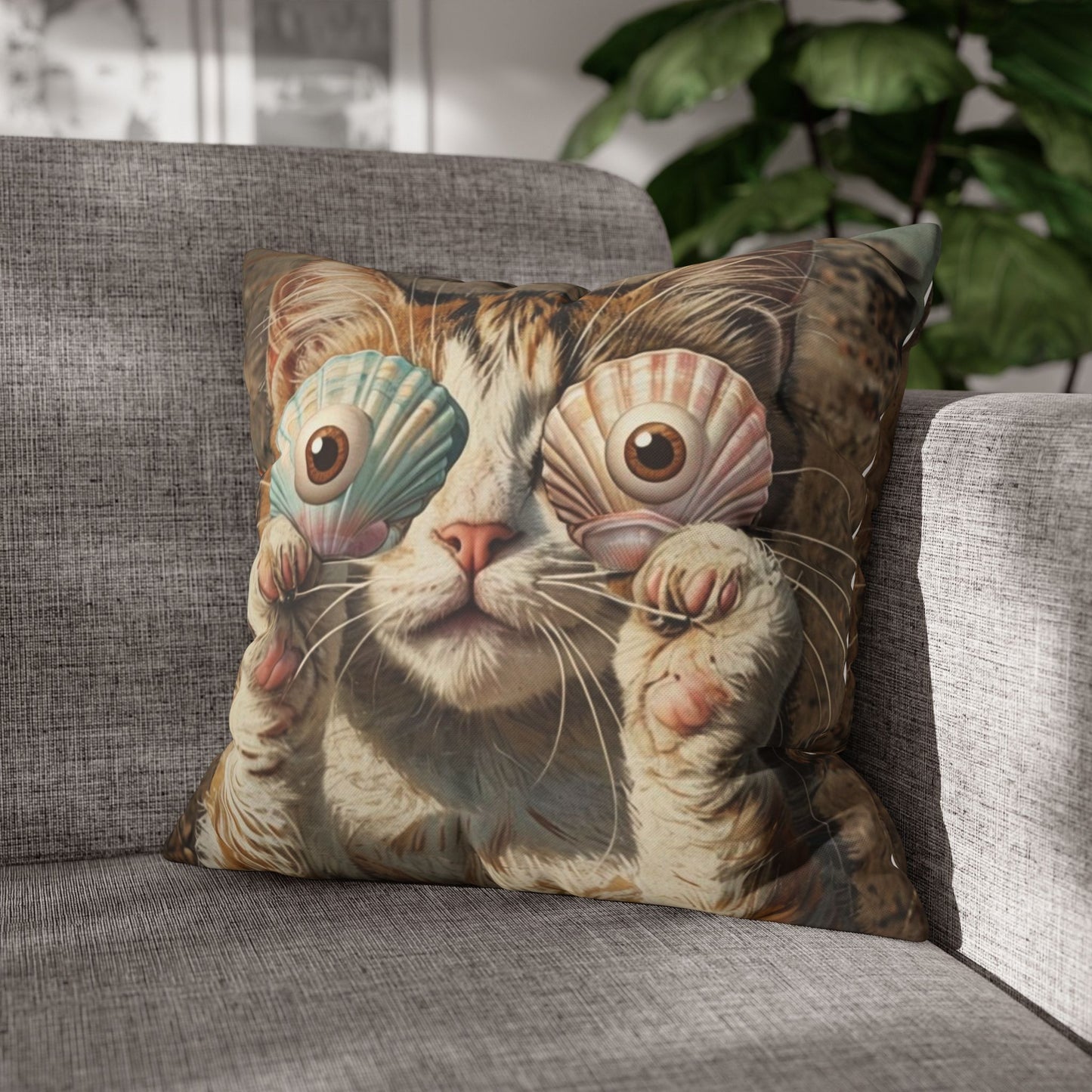 Cat with seashell glasses Square Poly Canvas Pillow cover