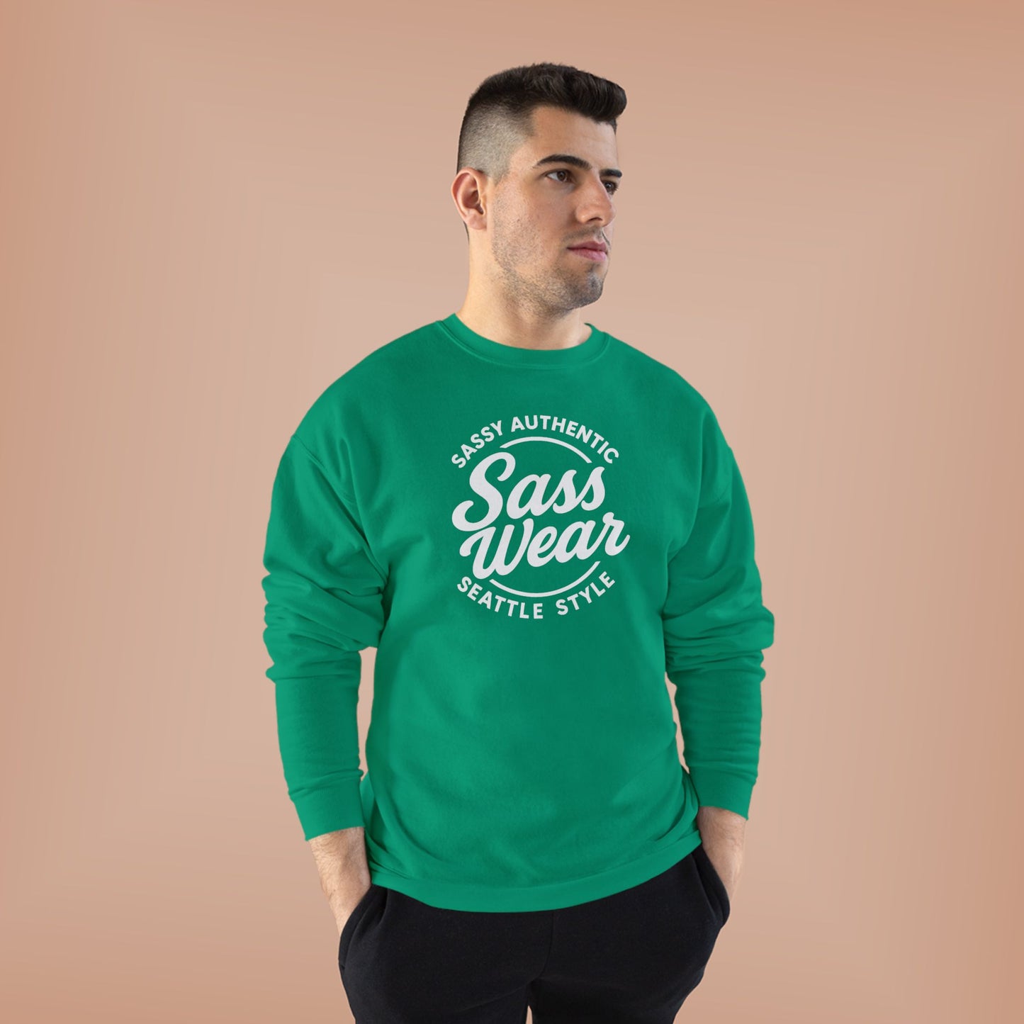 Sass Wear Unisex Eco-Friendly Crewneck Sweatshirt white logo