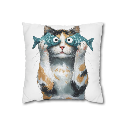 Cat with fish glasses Square Poly Canvas Pillow cover