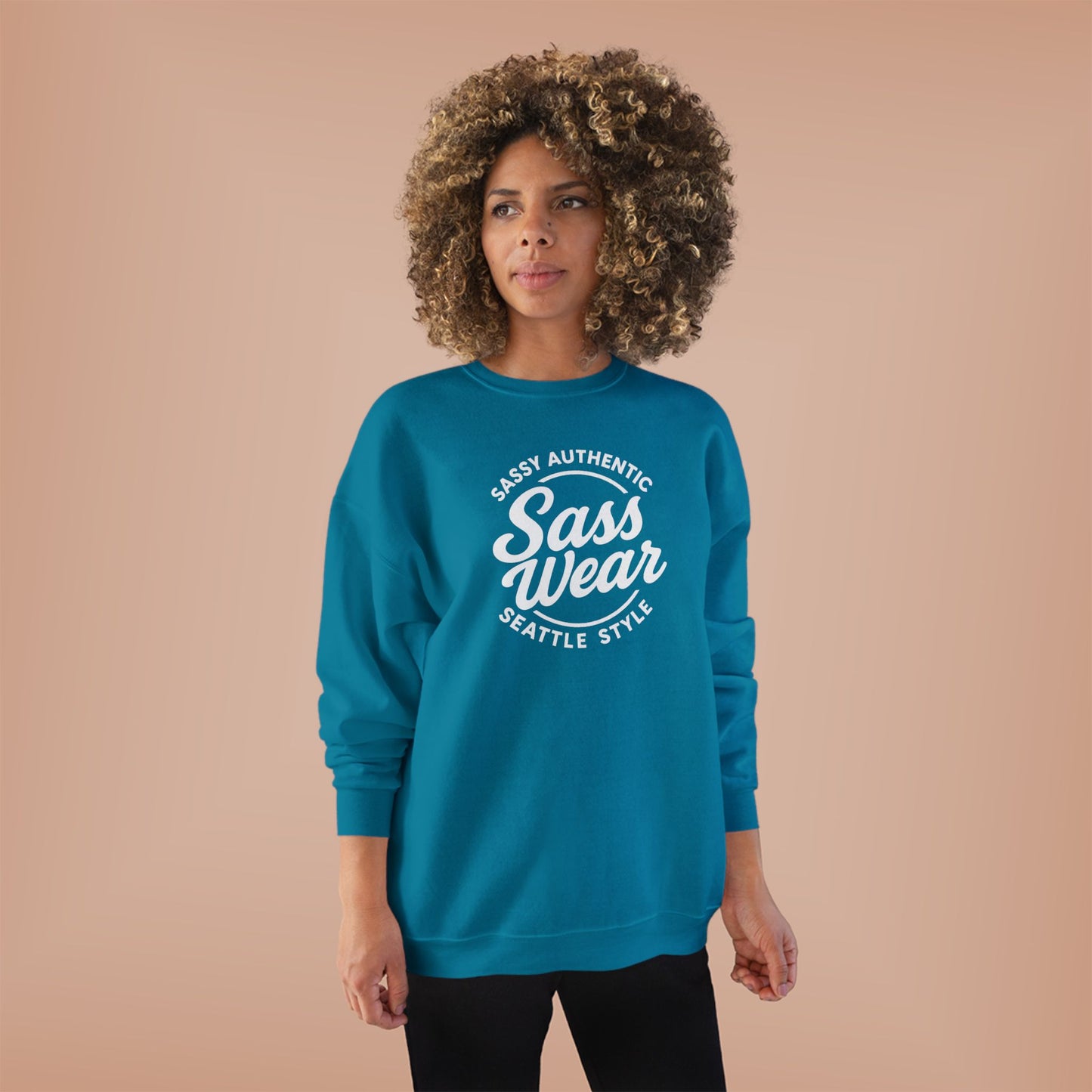 Sass Wear Unisex Eco-Friendly Crewneck Sweatshirt white logo