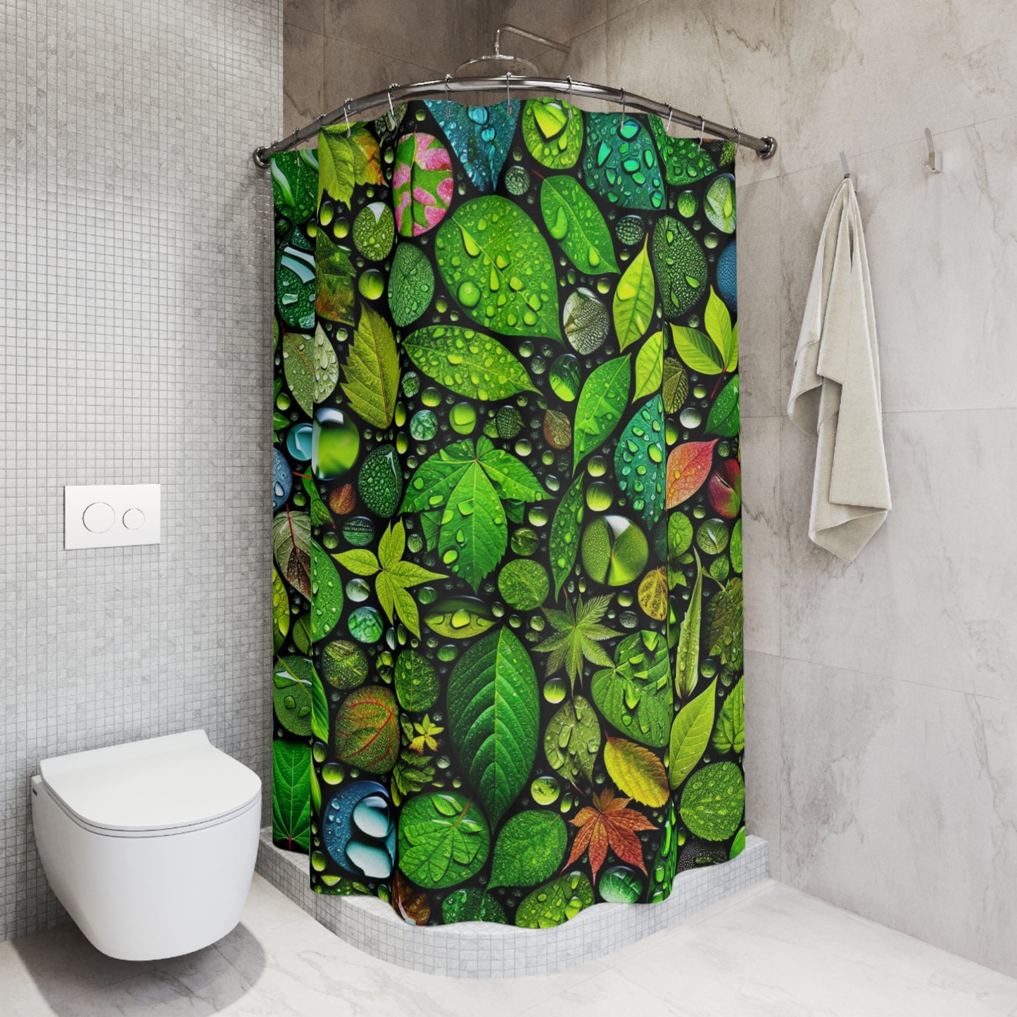 rain drops on leaves Shower Curtains