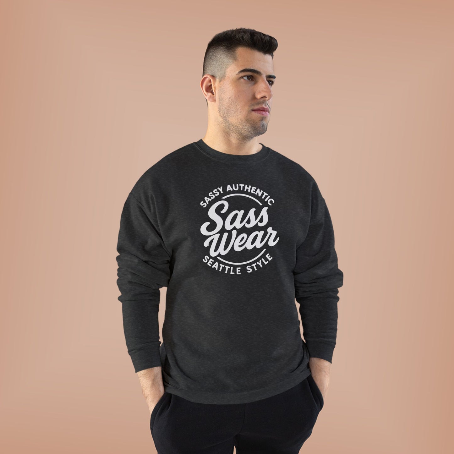 Sass Wear Unisex Eco-Friendly Crewneck Sweatshirt white logo