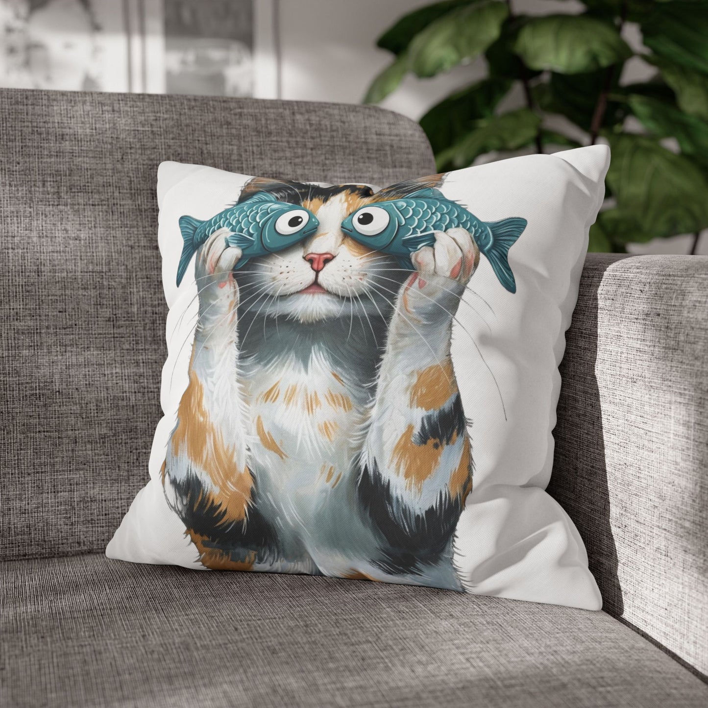 Cat with fish glasses Square Poly Canvas Pillow cover