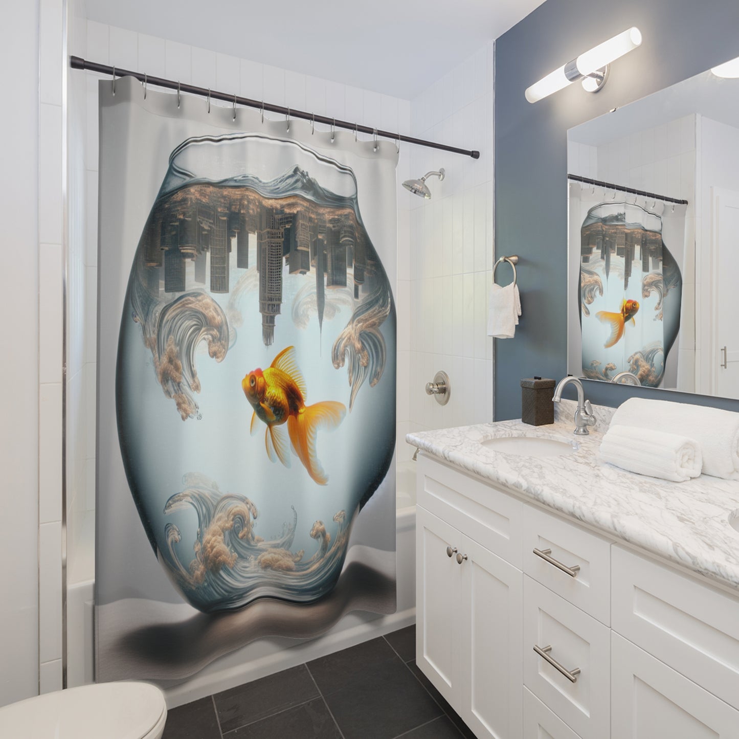surreal city in goldfish bowl Shower Curtains