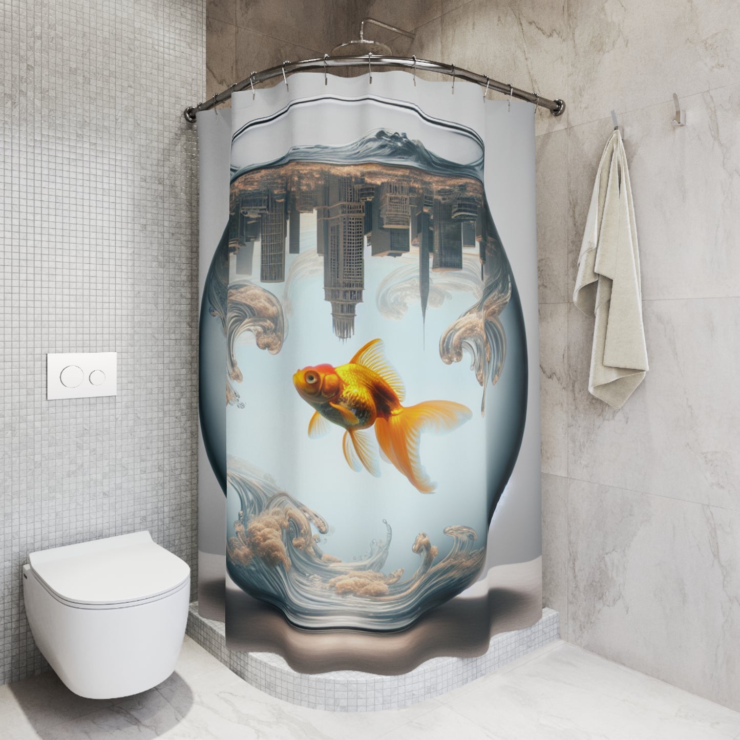surreal city in goldfish bowl Shower Curtains