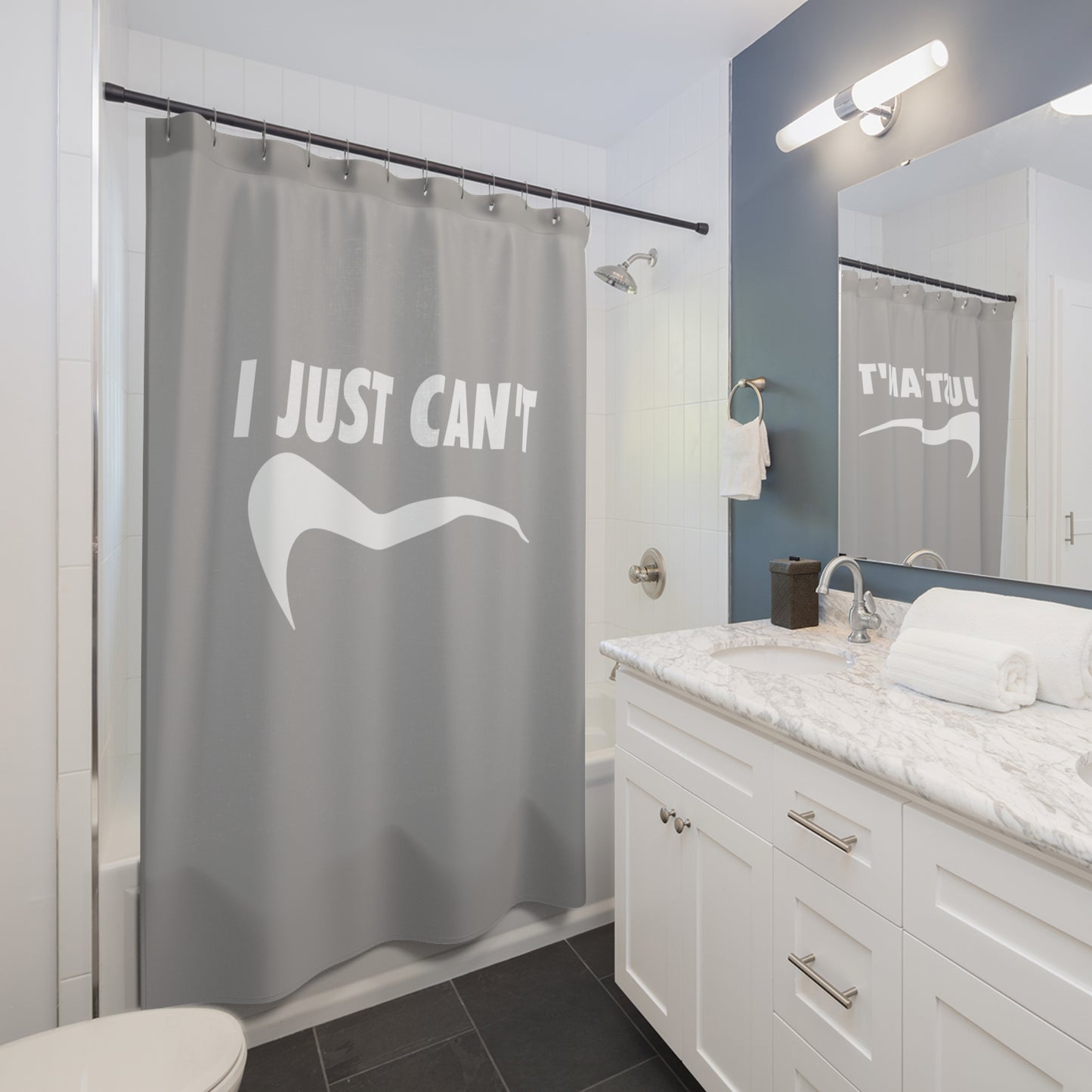 gray I just can't Shower Curtains