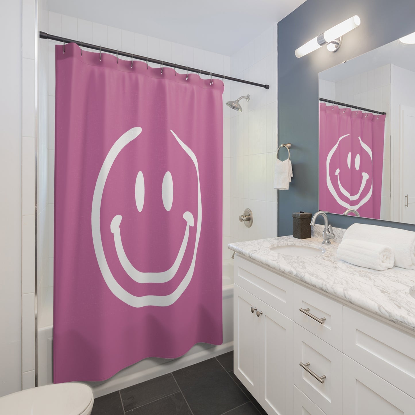 pink with white smiley face Shower Curtains