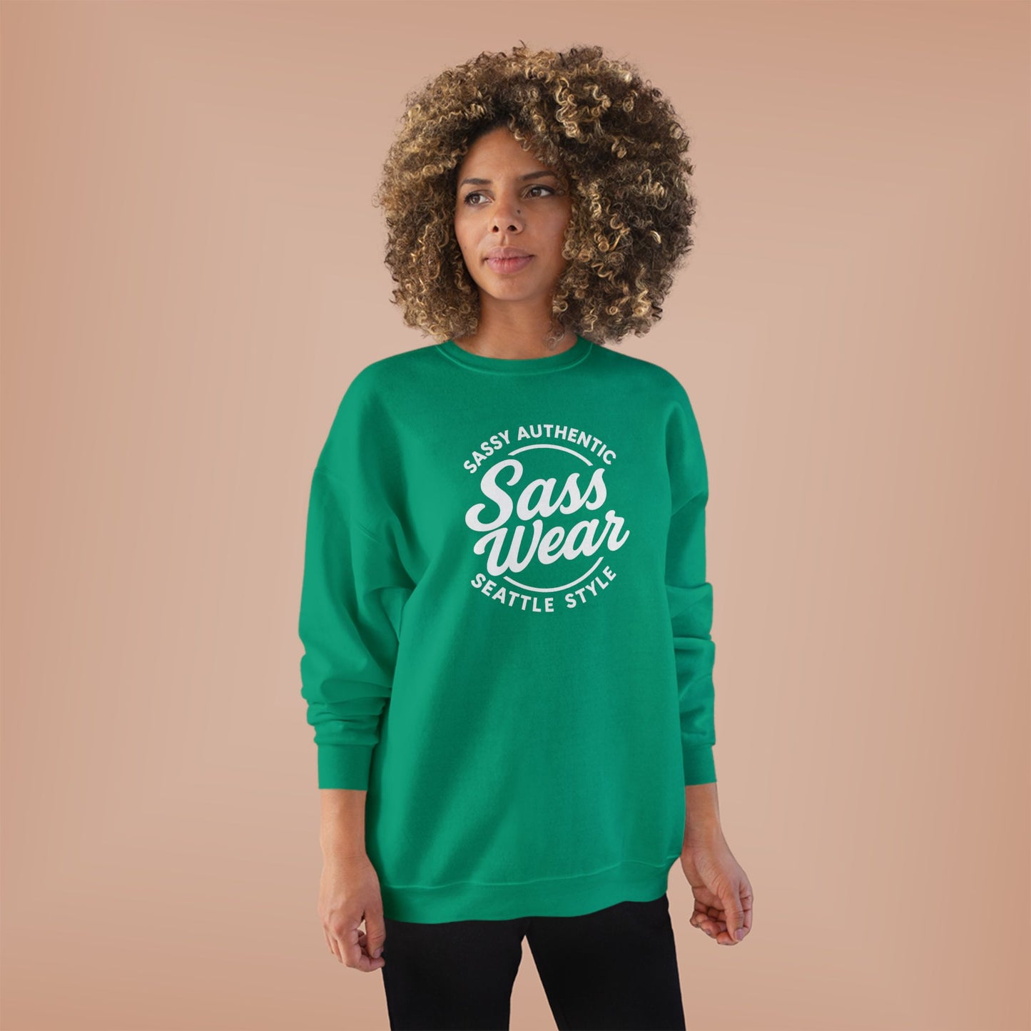 Sass Wear Unisex Eco-Friendly Crewneck Sweatshirt white logo