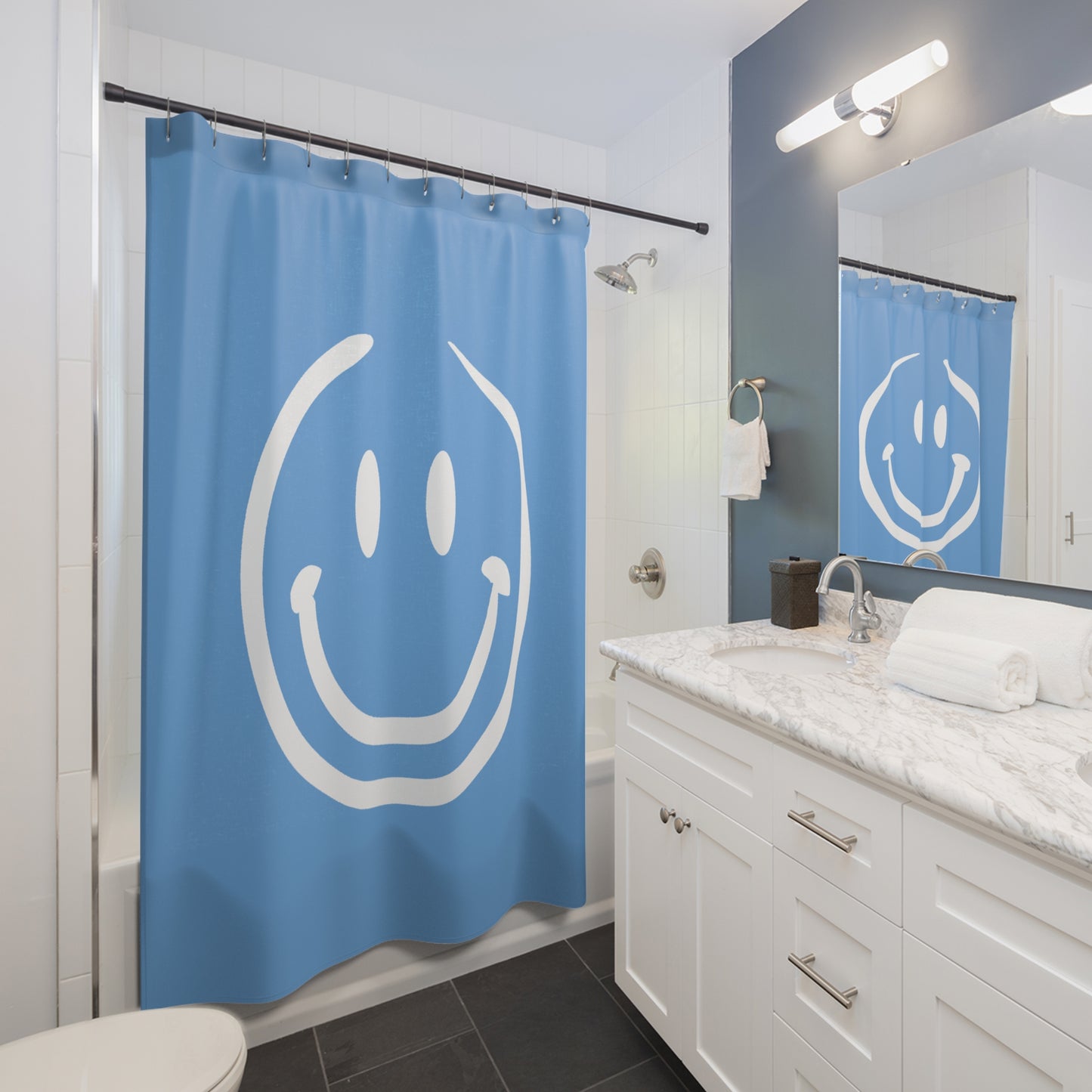 light blue with white smiley face Shower Curtains