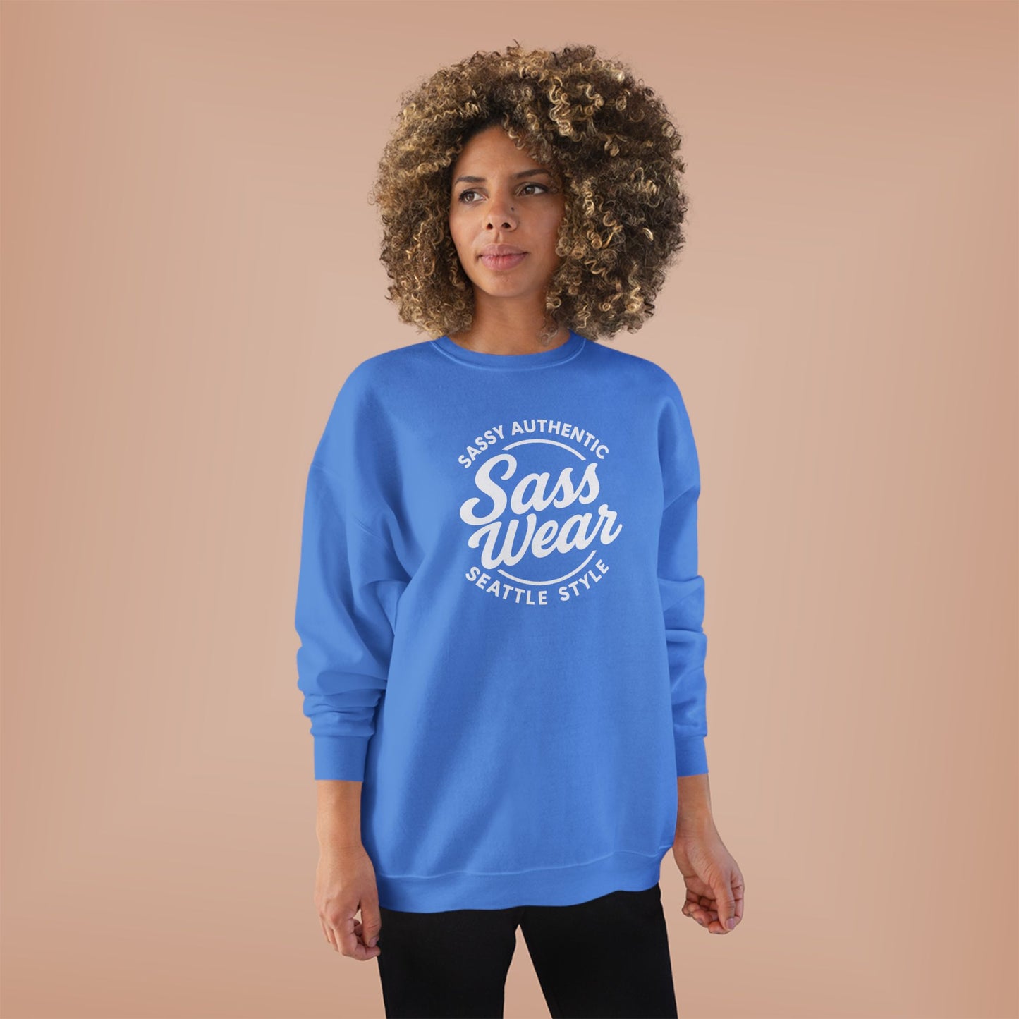 Sass Wear Unisex Eco-Friendly Crewneck Sweatshirt white logo