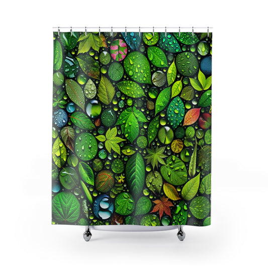 rain drops on leaves Shower Curtains
