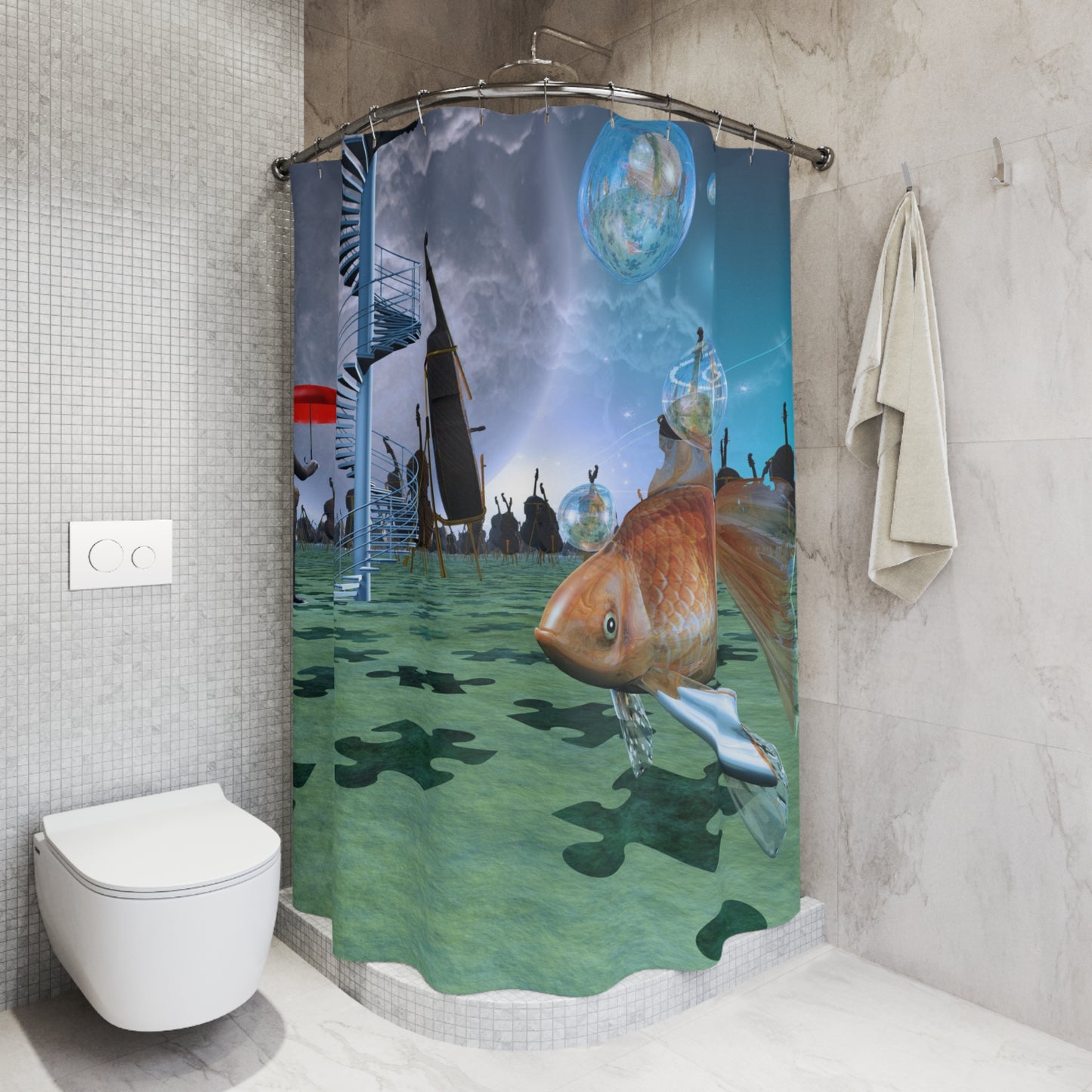 surreal goldfish Shower Curtains