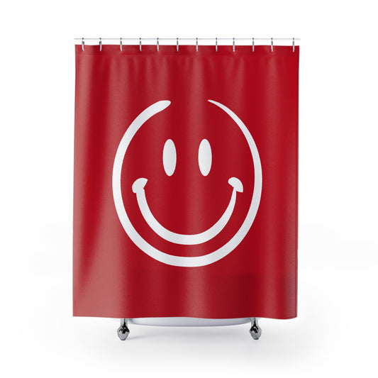 red with white smiley face Shower Curtains