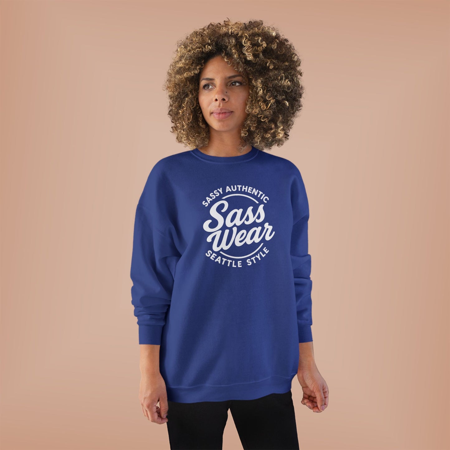 Sass Wear Unisex Eco-Friendly Crewneck Sweatshirt white logo