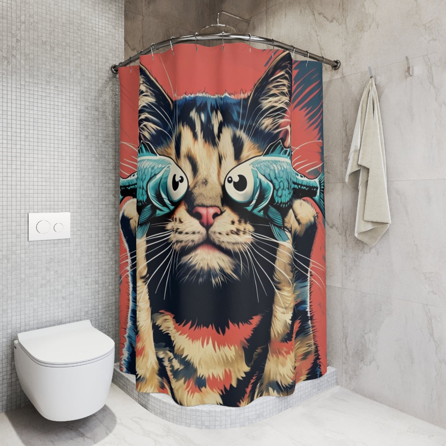 Cat with fish glasses Shower Curtains