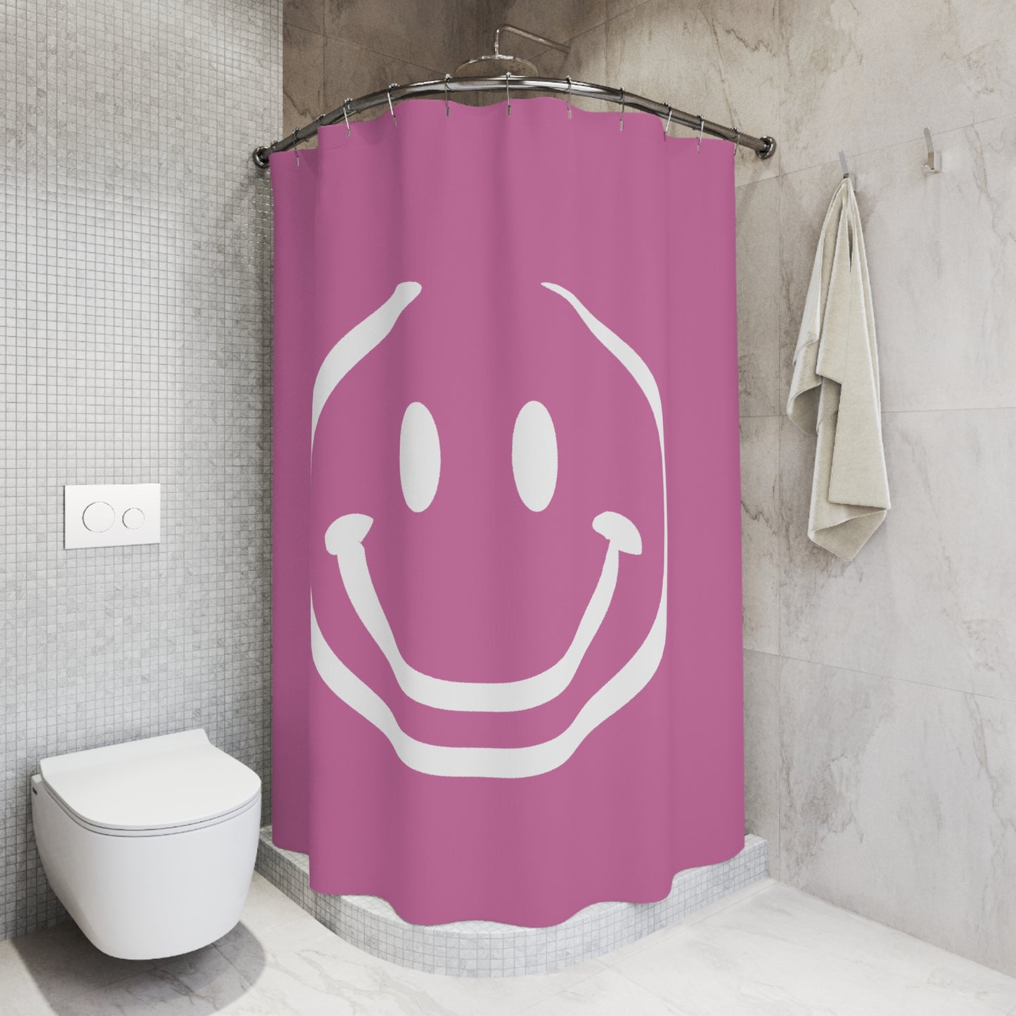 pink with white smiley face Shower Curtains