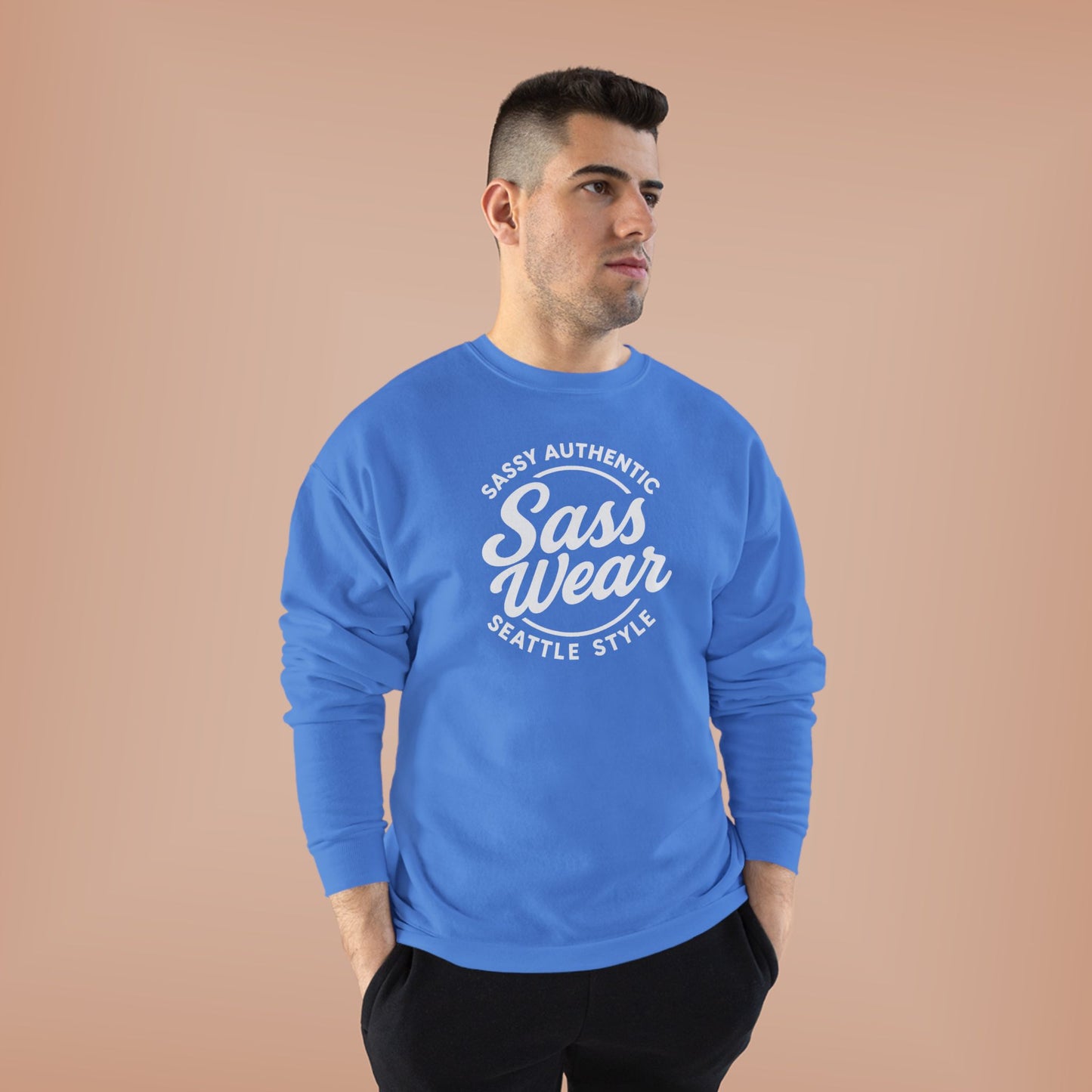 Sass Wear Unisex Eco-Friendly Crewneck Sweatshirt white logo