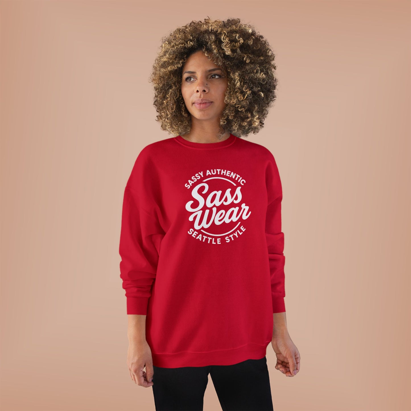 Sass Wear Unisex Eco-Friendly Crewneck Sweatshirt white logo