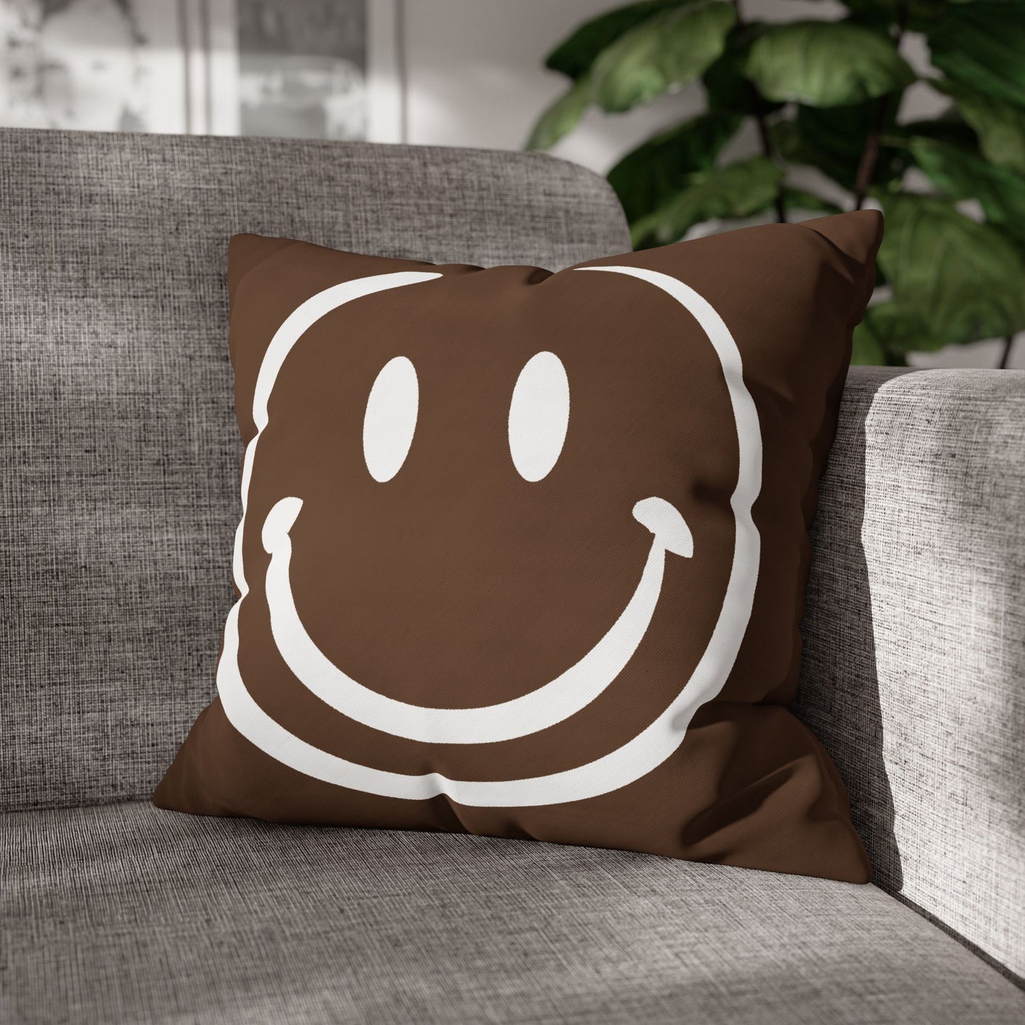 dark brown with white smiley face Canvas Pillow cover